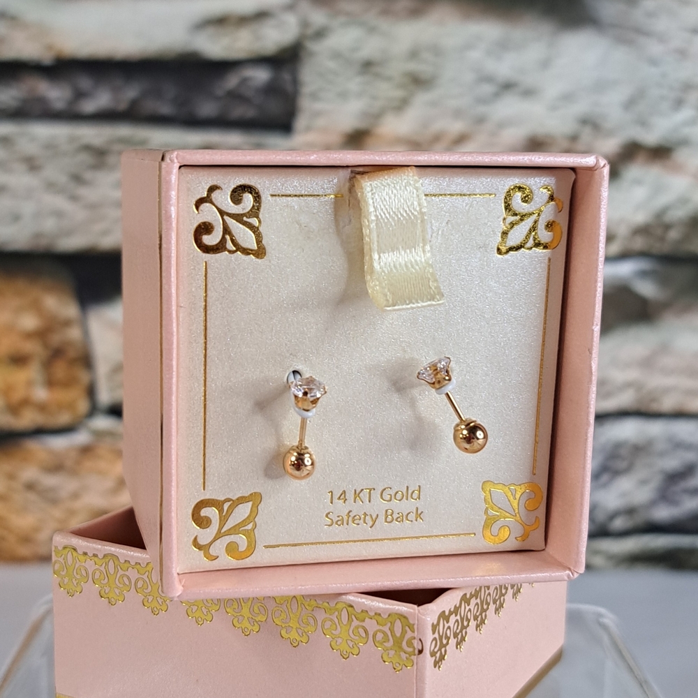 BRIDGE PRECIOUS METALS 14 KT GOLD STUD EARRINGS w/SAFETY BACK NEW w/BOX